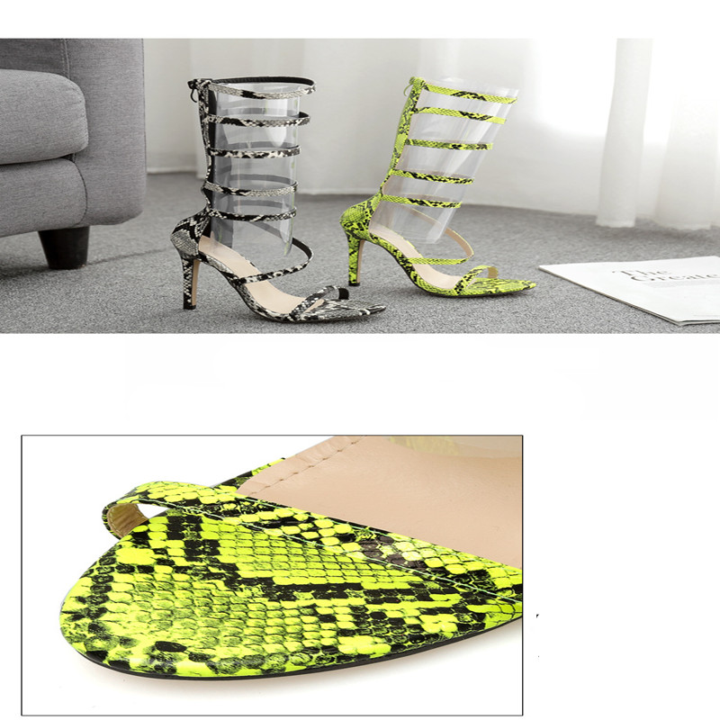New Slim Snake Print Hollow High Heel Roman Sandals