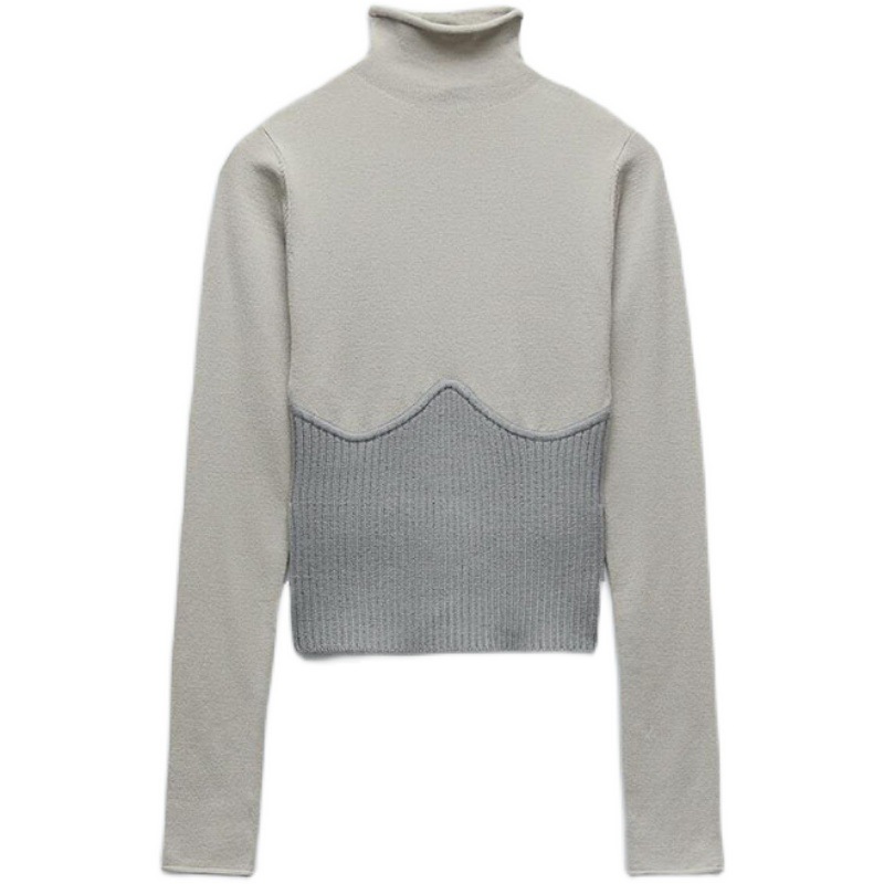 Winter Patchwork Turtleneck Knit Sweater Long Sleeve Pronounced Seam Slim Pullover Female Chic Knitted Top