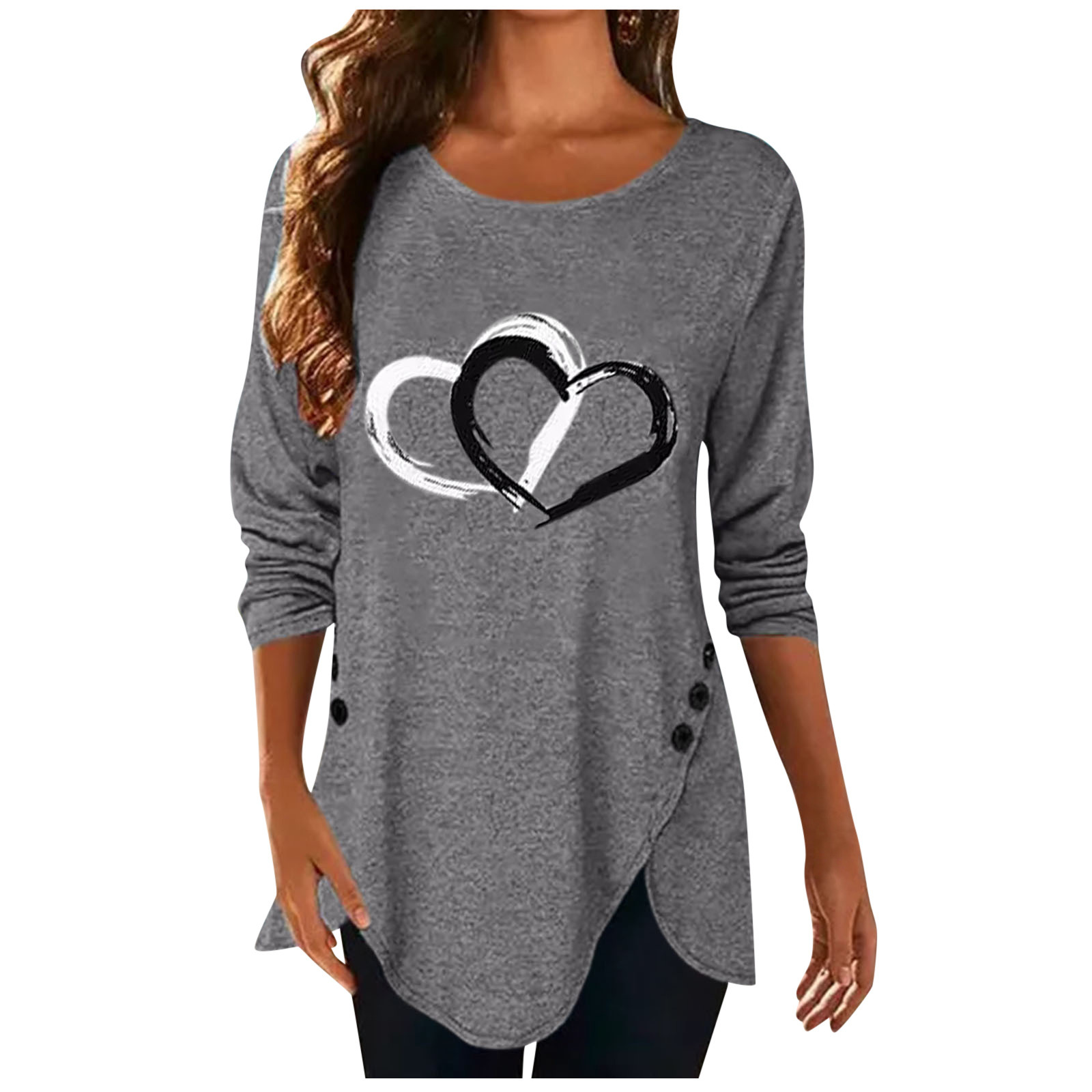 European And American New Button Love Print Irregular Long Sleeve T - shirt