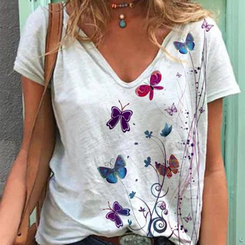 Dandelion Butterfly Print V-neck T-shirt With Short Sleeves