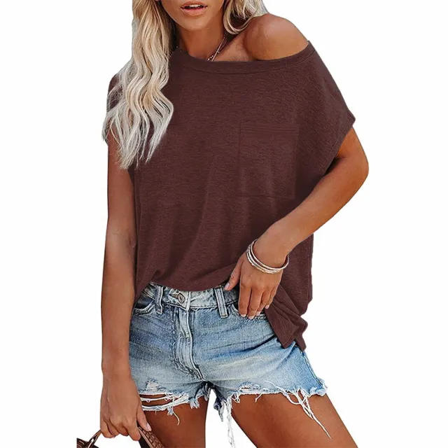 Pocket Off Shoulder Round Neck Short Sleeve Top T shirt Wine - Shop at LoveMi