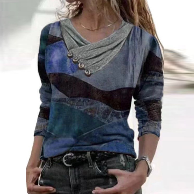 Loose V-Neck Long-Sleeved Printed T-Shirt Top