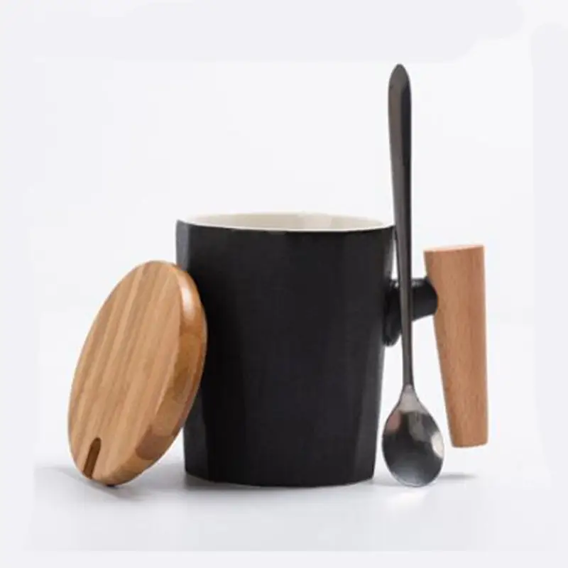 Simple Solid Color Mug With Wooden Handle Ceramic Mug