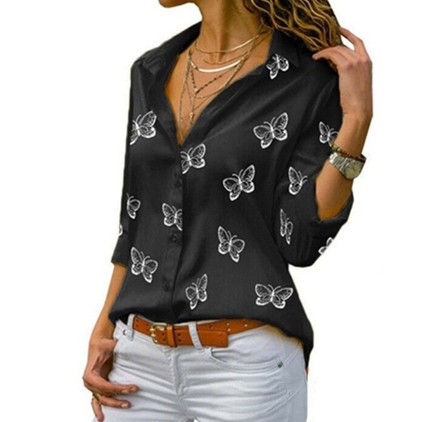 Women's Multicolor Butterfly Print Loose Collar Shirt