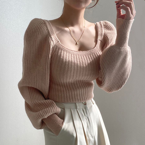 Puff Sleeve Solid Color Knitted Top Women Keep Warm