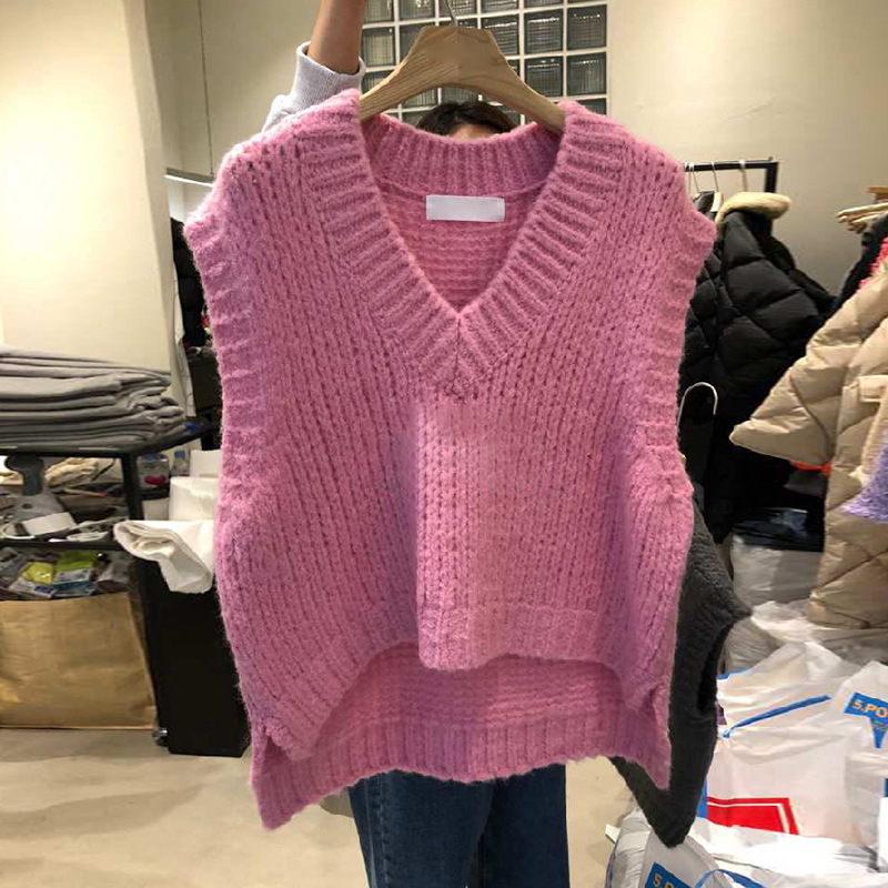 V-neck Split Solid Color Knitted Vest Temperament Slim And Slim