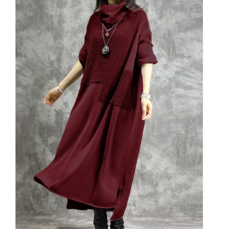 Wool Stitching High Neck Long Sleeve Irregular Dress