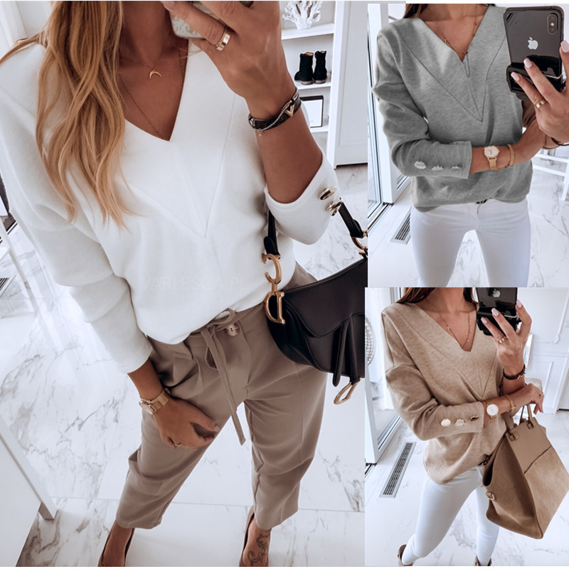 Long Sleeve Solid Color V-Neck Button Top Bottoming Shirt
