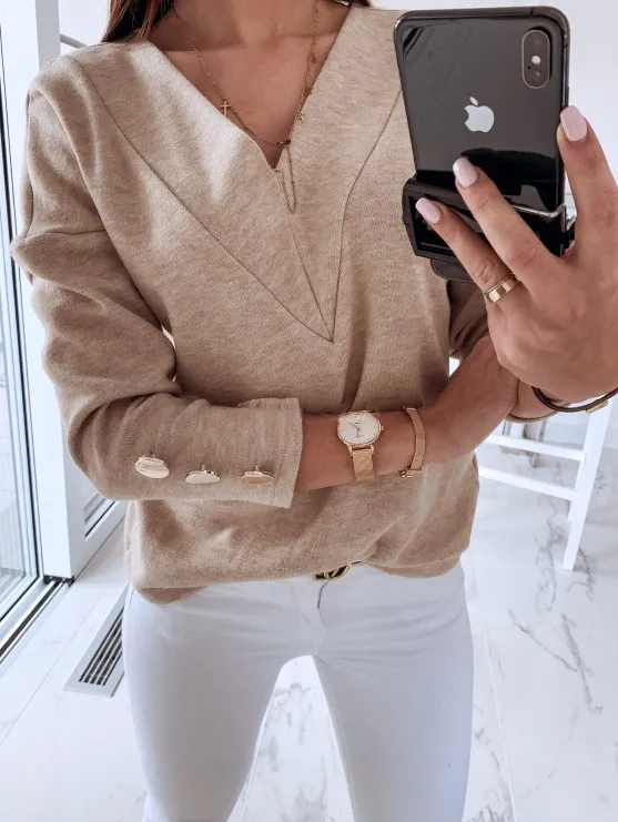 Long Sleeve Solid Color V Neck Button Top Bottoming Shirt Khaki - Shop at LoveMi