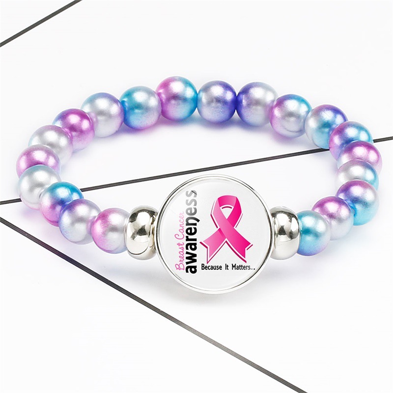 Breast Cancer Awareness Beads Bracelets 18mm Snap Buttons Dome Cabochon Charms Trendy Girls Women Jewelry Gift