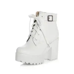 EAVE CAT 3 Colour Winter Lace-Up Sexy Women Boots Fashion Platform High Square Heels Black Buckle Ankle Boots - Black - View 1