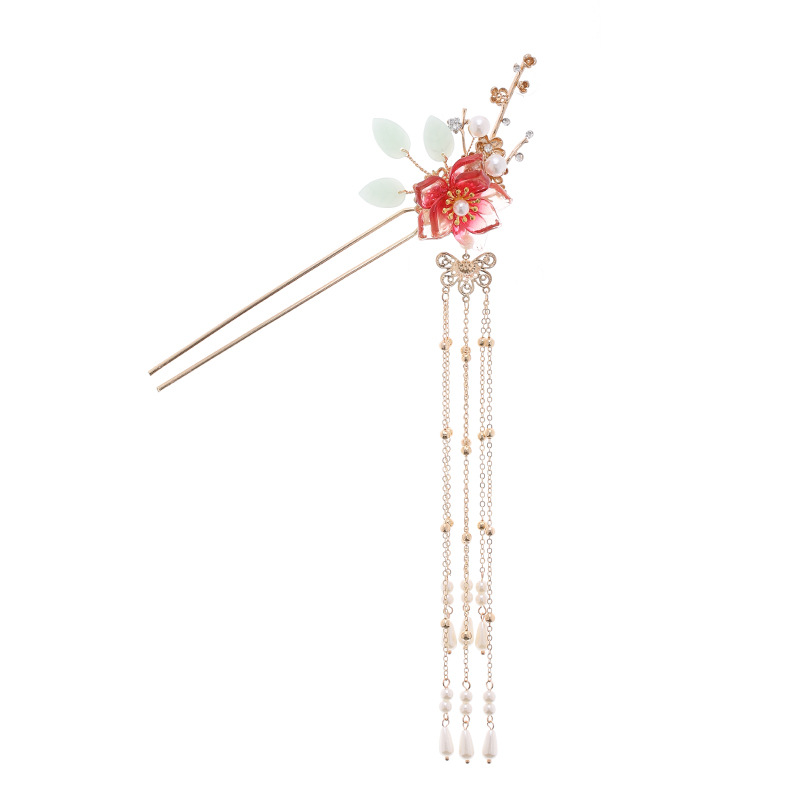 Title 2, Fringed Red Imitation Jade Flower Hairpin