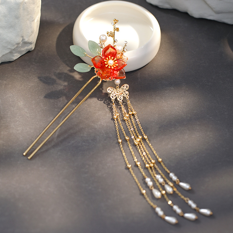 Title 4, Fringed Red Imitation Jade Flower Hairpin