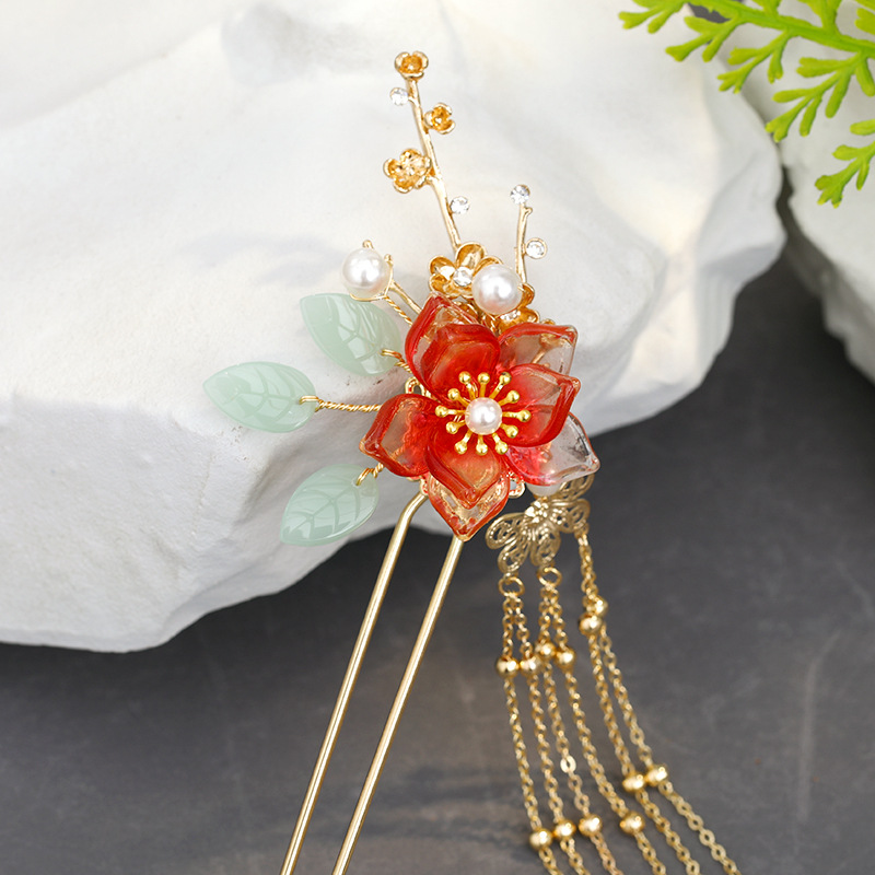 Title 1, Fringed Red Imitation Jade Flower Hairpin