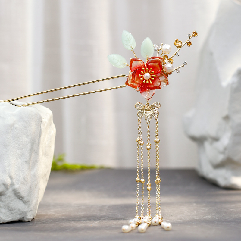 Fringed Red Imitation Jade Flower Hairpin