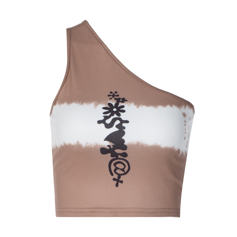 Brown Tie-Dye Slanted Camisole Hot Girl Slim Slim High Waist Crop Top