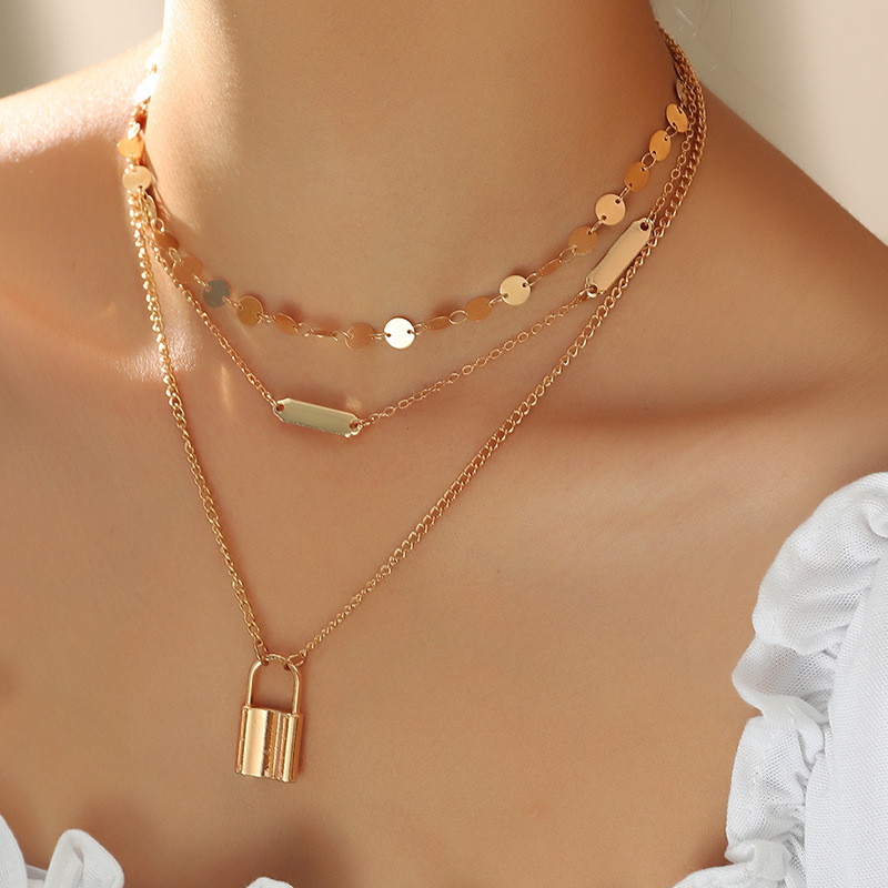 Hip-hop Punk Disc Multilayer Metal Lock-shaped Necklace