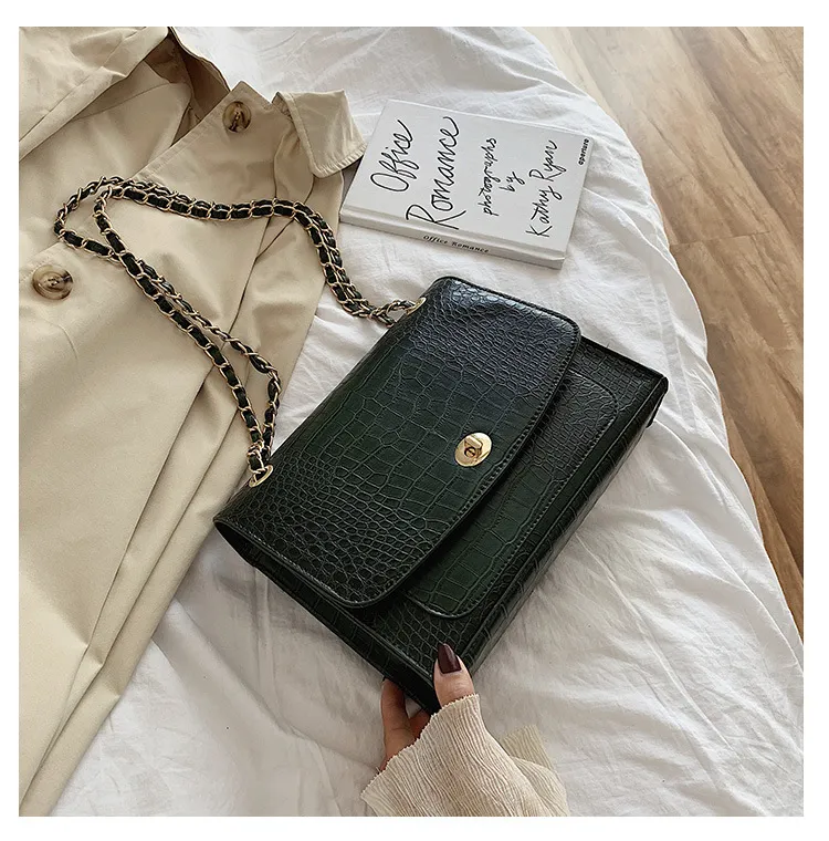 Stone Grain Chain Small Square Bag Fashion Messenger Shoulder Bag - Green