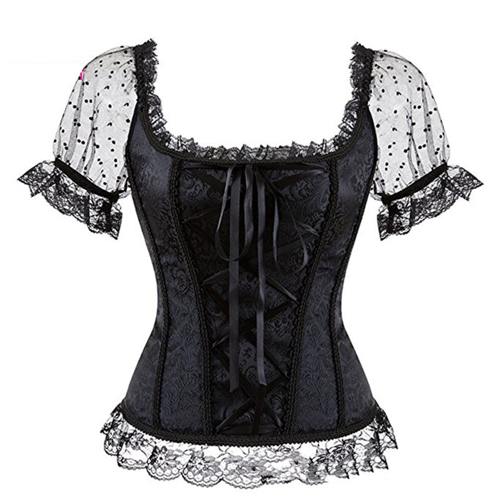 Mesh Puff Sleeve Lace Jacquard Court Corset