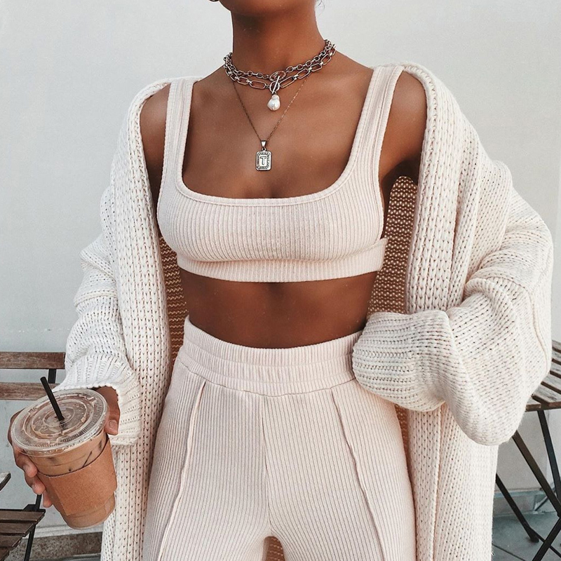 Fashion Simple Knitted Camisole Casual Pants Suit