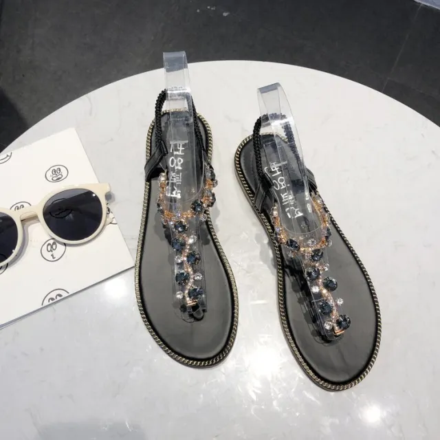 New Korean Style Roman Sandals Flat Heel Beach Shoes Black - Shop at LoveMi