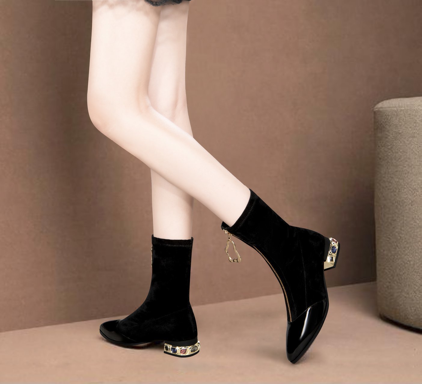 Women's Mid-Heel Mid-Tube Front Zipper Thin Boots