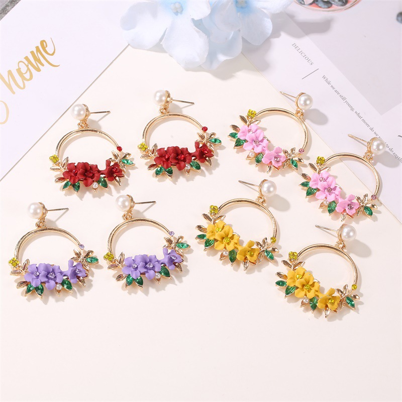 Net Red Temperament Color Wreath Pearl Earrings
