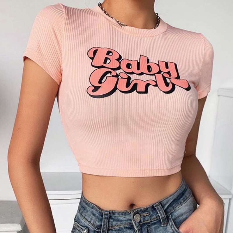 Fashion Letter Printed Navel Casual All-Match T-Shirt