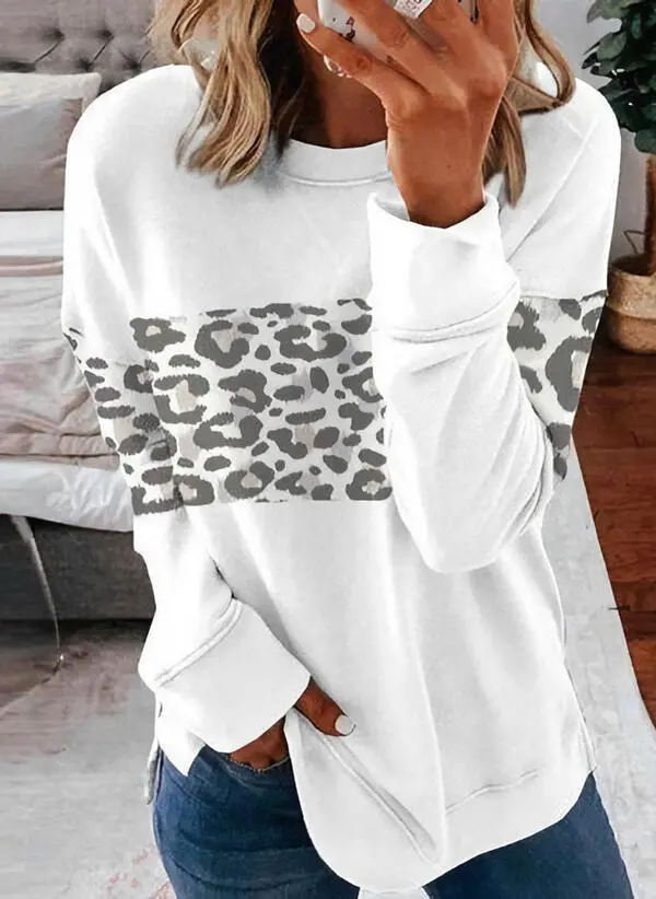 Leopard Print Long Sleeved Round Neck Sweater Women White - Shop at LoveMi