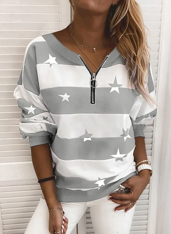 Round Neck Zipper Long Sleeve Sweatshirt Casual Sweater Grey - Shop at LoveMi