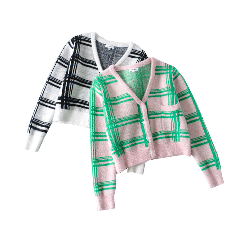 Title 7, Diamond Plaid Contrast V-neck Mohair Sweater An...