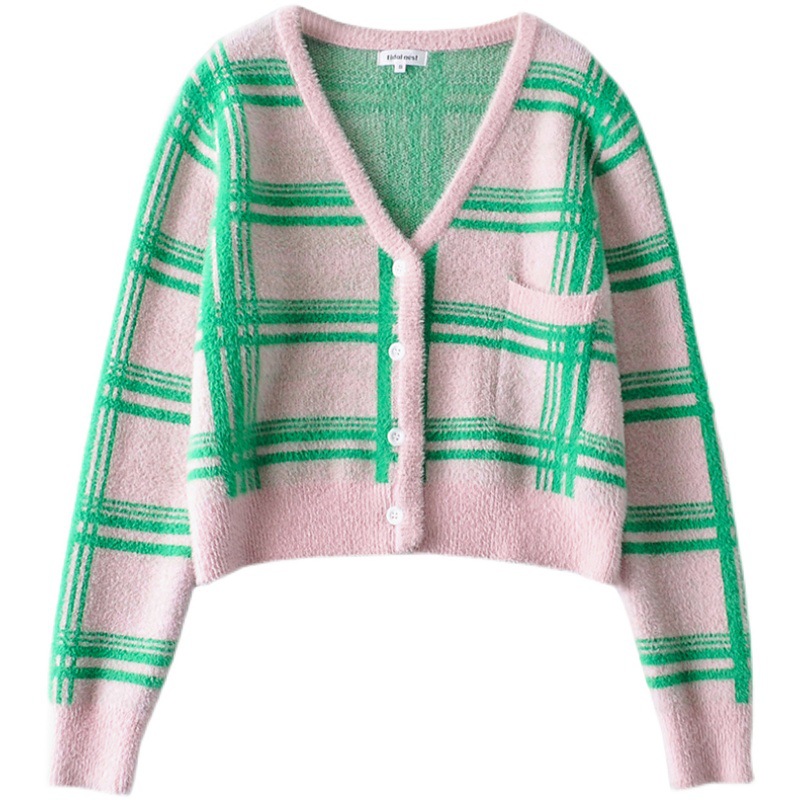 Title 4, Diamond Plaid Contrast V-neck Mohair Sweater An...