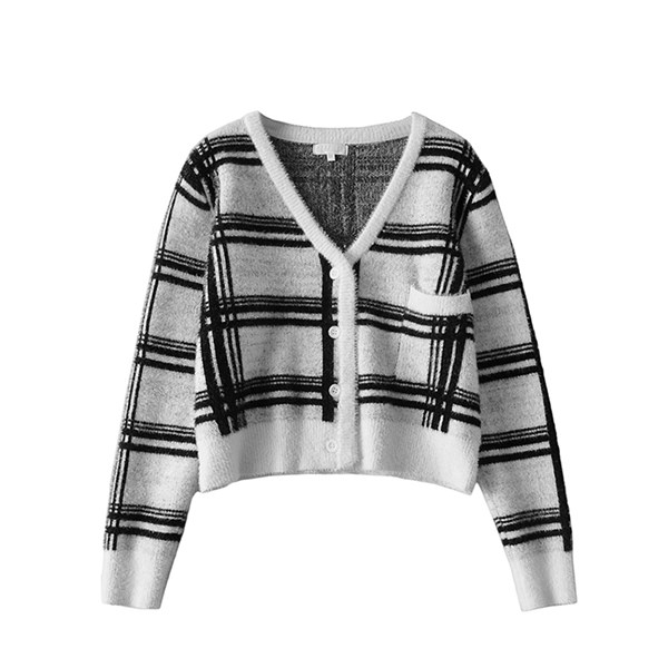 Women's Mohair Check Color-block Knitted Cardigan