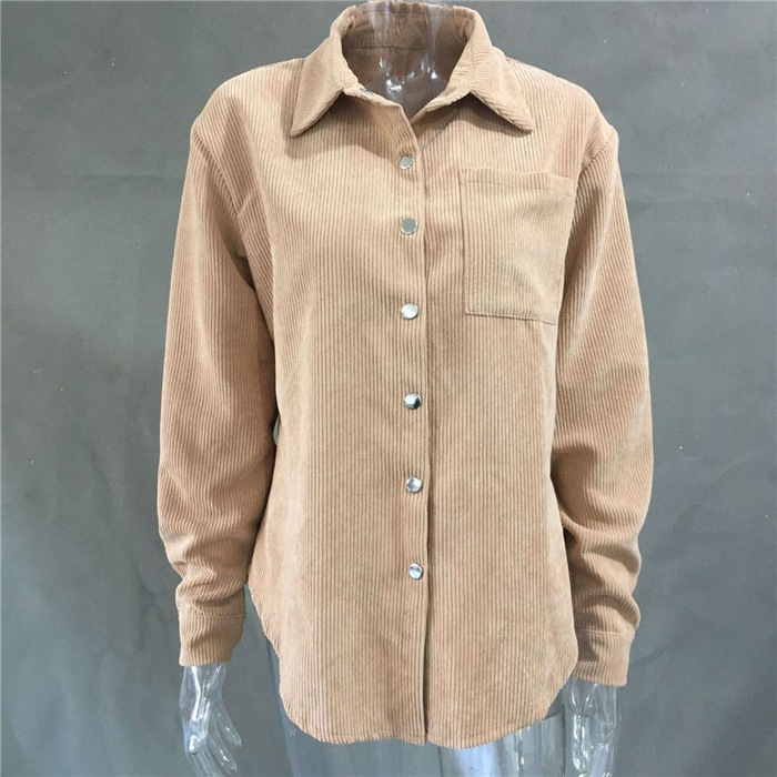 Corduroy Long-Sleeved Solid Color Lapel Casual Short Shirt