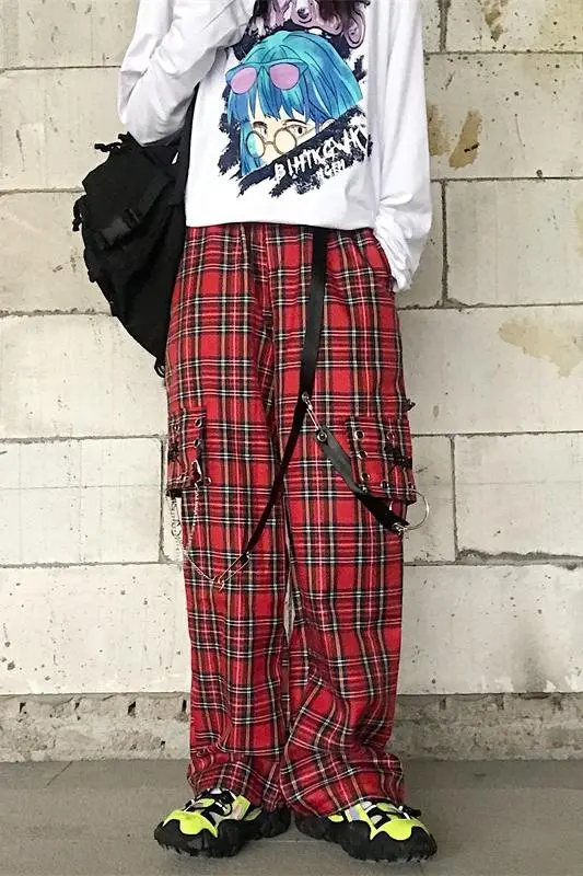 Retro Harajuku Style Thin Loose Plaid Straight Pants Women's High Waist Wide Leg Pants Red - Shop at LoveMi