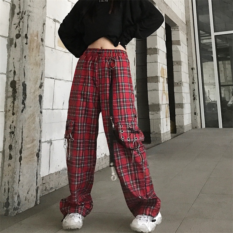 Retro Harajuku Style Thin Loose Plaid Straight Pants Women's High Waist Wide Leg Pants