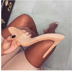 Square Toe Wood Grain Apricot PVC Film Sandals Slippers Net Red - Apricot - View 1