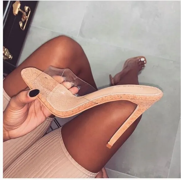 Square Toe Wood Grain Apricot PVC Film Sandals Slippers Net Red Apricot - Shop at LoveMi