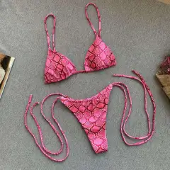 Snakeskin Bikini Strap Print Swimsuit Ladies Split Swimsuit - Pink - View 1