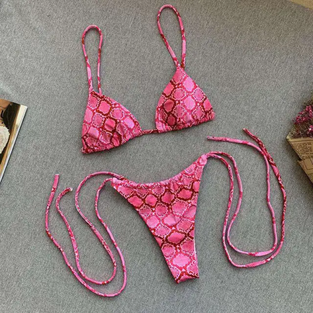 Snakeskin Bikini Strap Print Swimsuit Ladies Split Swimsuit Pink - Shop at LoveMi