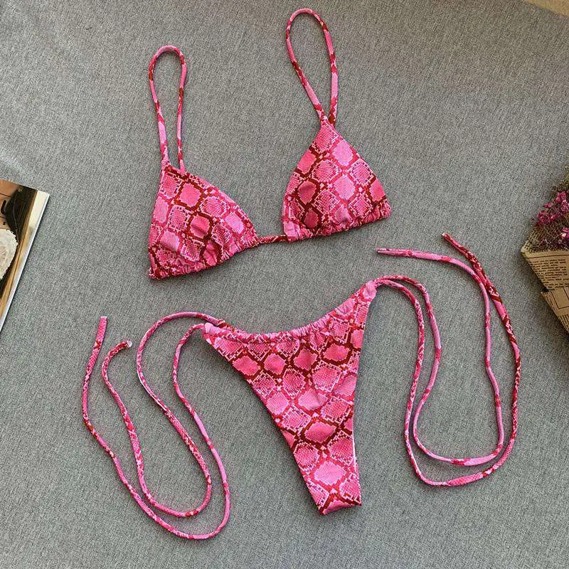 Snakeskin Bikini Strap Print Swimsuit Ladies Split Swimsuit - Pink