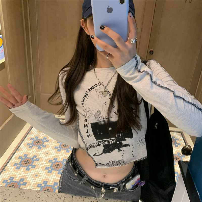 Irregular Printed Long-Sleeved Crop Top