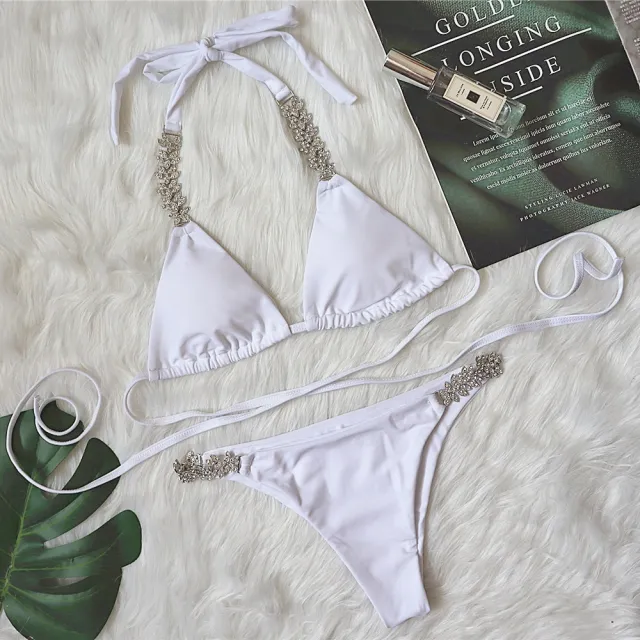 Bandage Cross Bikini Solid Color Metal Diamond Swimsuit White - Shop at LoveMi