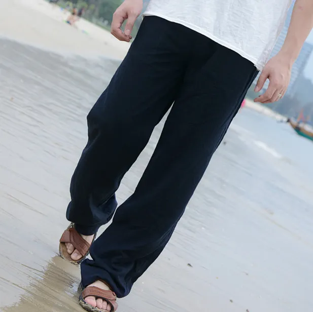 Loose Plus Size Cotton And Linen Elastic Waist Straight Beach Pants Black - Shop at LoveMi