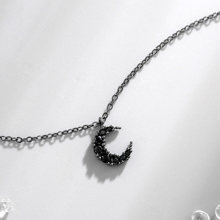 Silver Black Diamond Moon Necklace Simple Personality