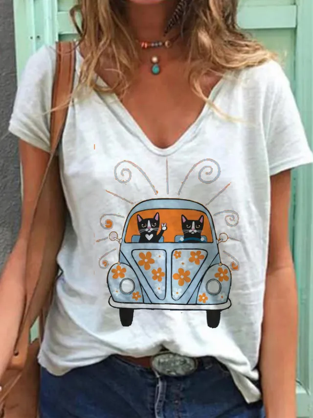 Animal Print Short Sleeve V Neck T Shirt D 2Xl - Shop at LoveMi