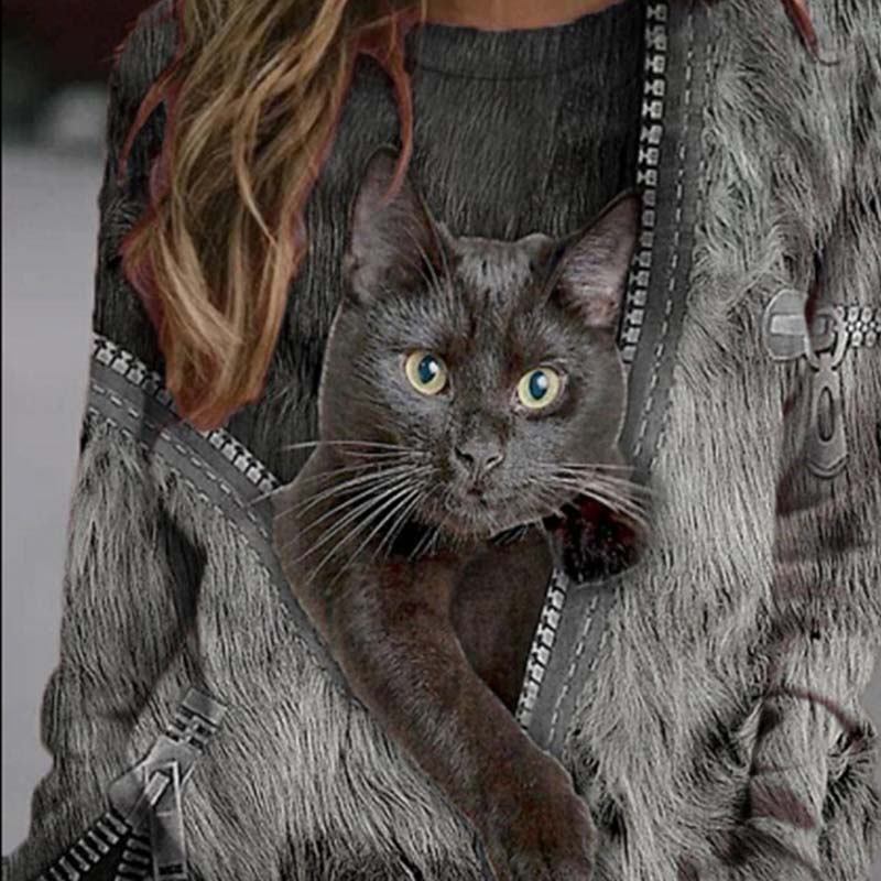 Female Cartoon Cat Casual Print Crew Neck T-Shirt