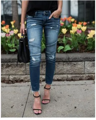 Fringed Pleated Shredded Stretch Leggings Jeans Blue - Shop at LoveMi