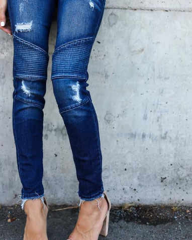 Fringed Pleated Shredded Stretch Leggings Jeans Navy - Shop at LoveMi