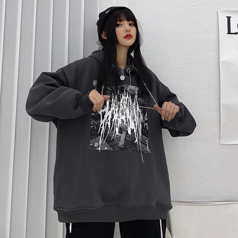 Dark Black Cartoon Print Loose Plush Hooded Jacket